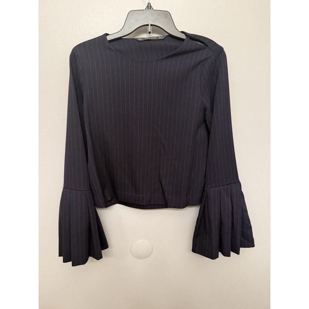Zara Trafaluc Womens Medium Navy Stripe Flare Sleeves Top Cropped